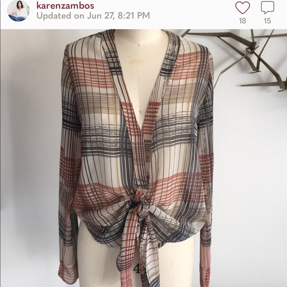 (NWOT) Karen Zambos plaid chiffon tie blouse SM - Picture 7 of 7